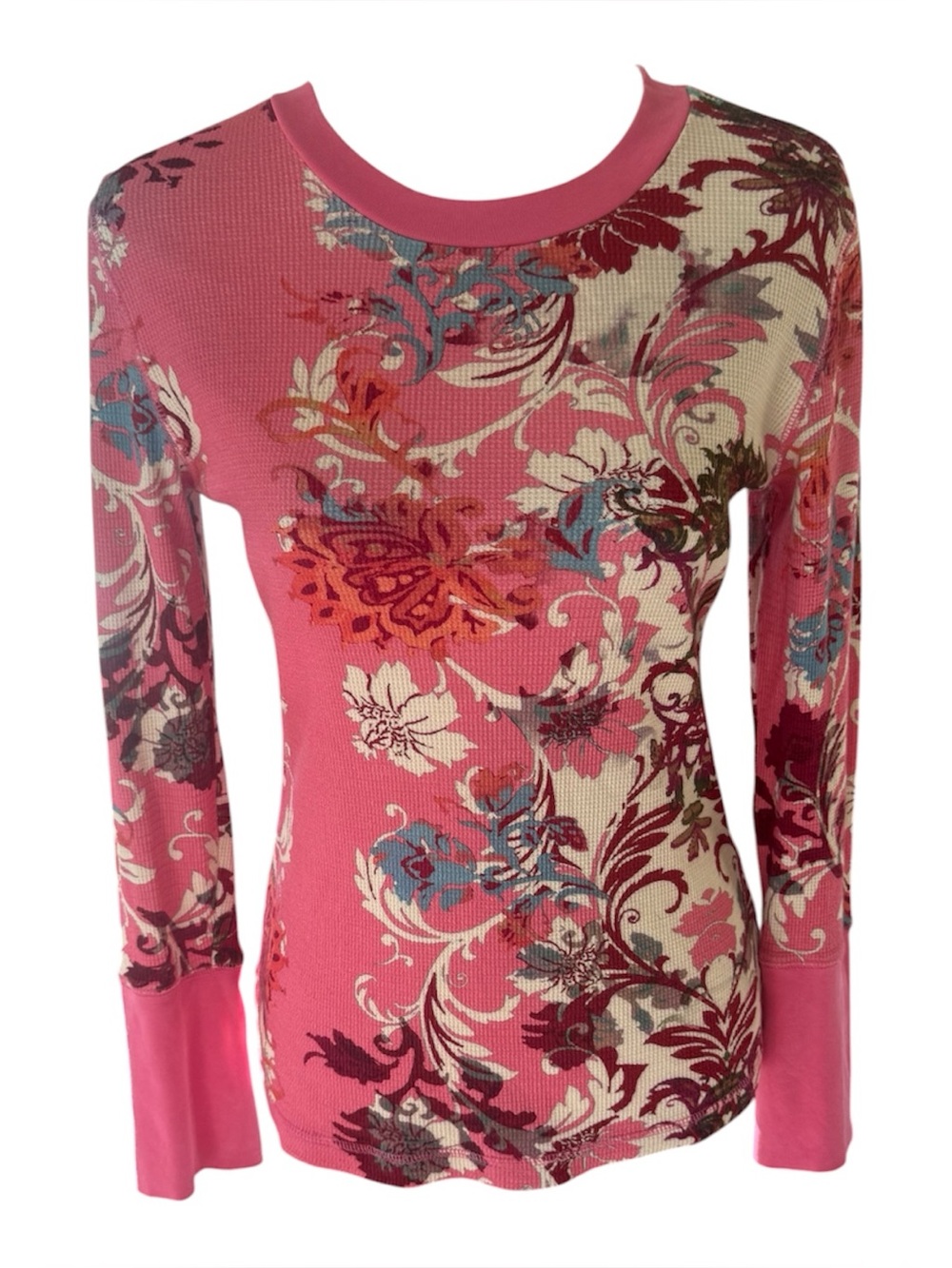 Sundance waffle knit thermal long sleeve pullover Cotton blend pink florals top